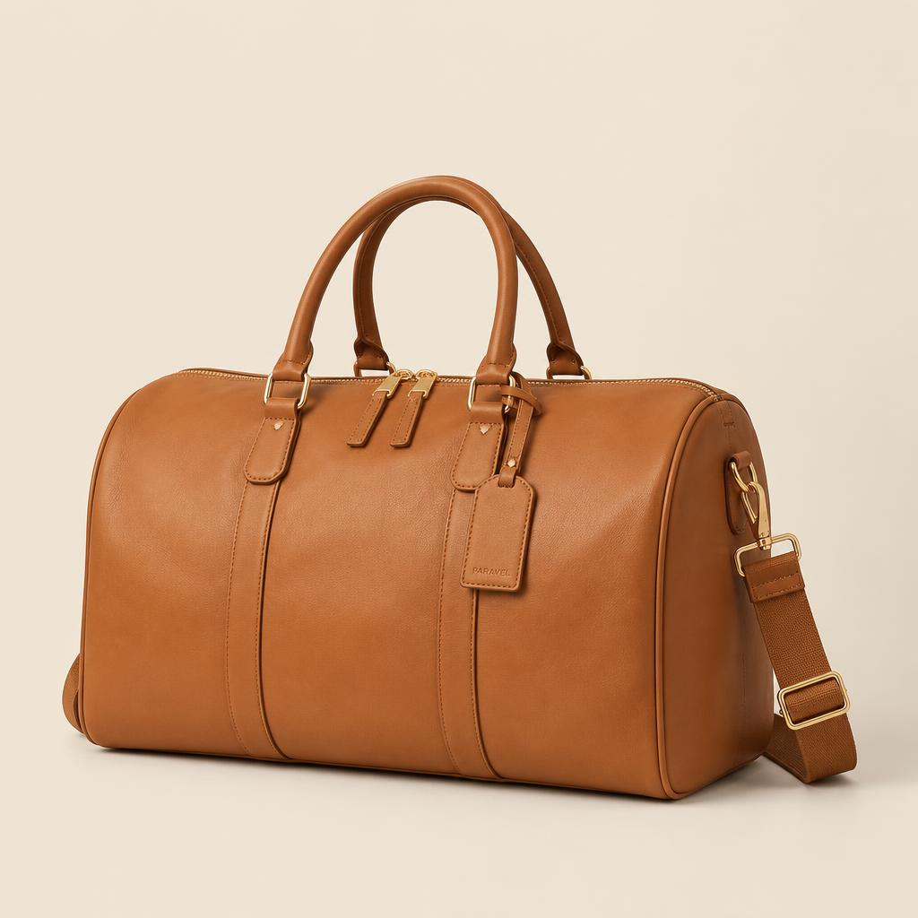 Premium leather weekender bag used as a Digital Product Passport example
